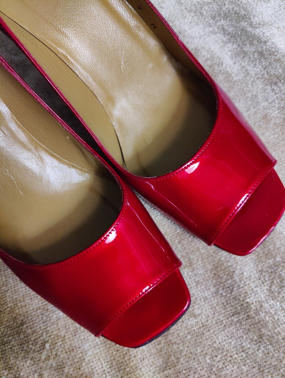 Stuart Weitzman Red Patent Peep-Toe Heels, Size 9 - Picture 2 of 14